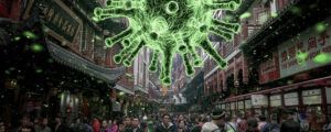 Large image of coronavirus above a crowd of people
